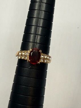 Gold-Plate Ring with Red Garnet-Style Center and Crystal Accents
